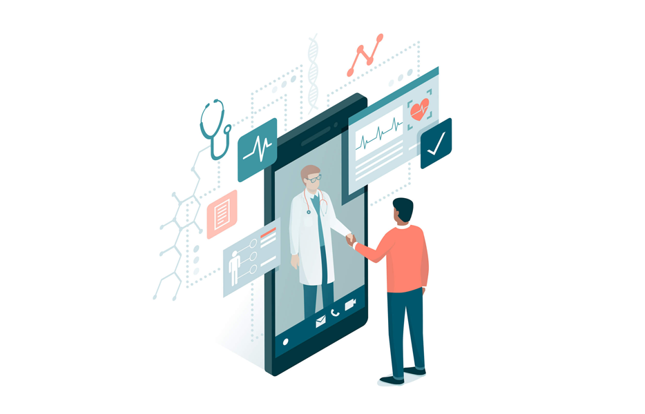 ilustração com médico saindo de tela do celular e apertando a mão de paciente com elementos que representam medicina ao redor